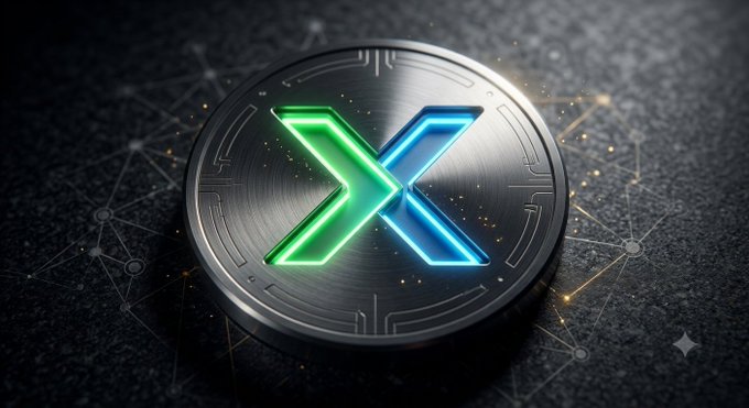 A stylized 3D rendering of a metallic cryptocurrency coin featuring a glowing neon green and blue 'X' logo on a dark textured background with network-like patterns.