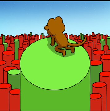 A digital illustration of a brown cartoon monkey sitting on a large green cylindrical platform, surrounded by smaller red and green cylinders under a blue sky.