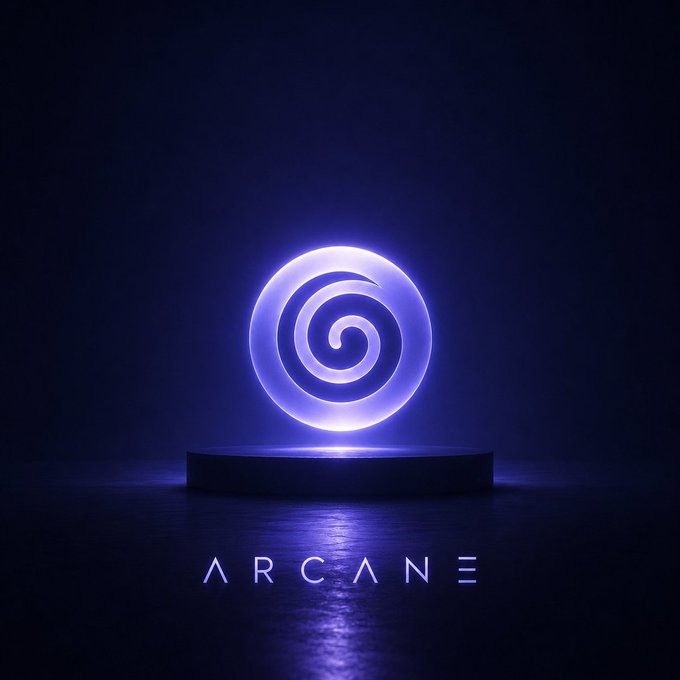 Stylized glowing purple spiral symbol on a pedestal with 'ARCANE' text below against a dark blue background.