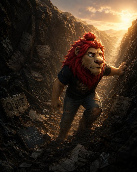 An anthropomorphic red-maned lion character wearing jeans and a t-shirt stands in a rocky canyon, surrounded by signs with discouraging phrases like "TOO RISKY", "NOBODY CARES", "QUIT", "FAILED PLAN", and "NOT GOOD ENOUGH".
