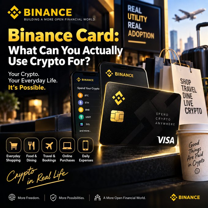 A Binance promotional advertisement for the 'Binance Card' featuring the text 'What Can You Actually Use Crypto For?' and 'Real Utility, Real Adoption,' showing a Visa card and phone displaying crypto options like BTC, ETH, BNB, USDT, and SOL.