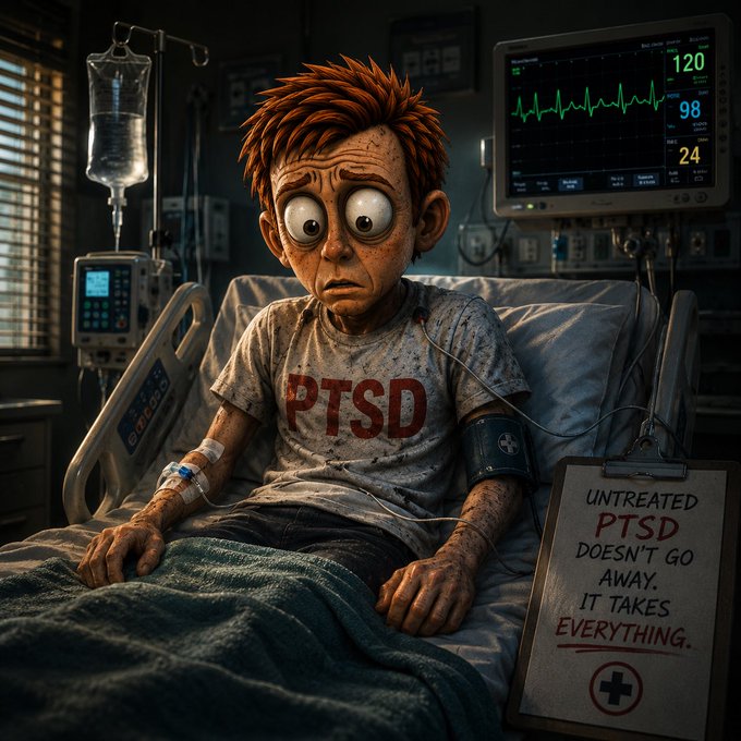 An illustrated scene of a cartoon boy with orange hair in a hospital bed wearing a 'PTSD' shirt, accompanied by a clipboard reading 'Untreated PTSD doesn't go away. It takes everything.' with a red medical cross.