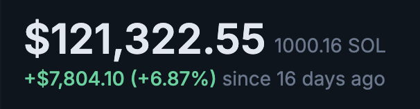 A screenshot showing a crypto holdings tracker displaying "$121,322.55" worth of "1000.16 SOL," with a gain of "+$7,804.10 (+6.87%) since 16 days ago." The image visually supports the post's message by showcasing a 1,000 SOL position—a notable bet on Solana's future value, with the author expressing conviction that this stake will eventually reach $1 million during an upcoming bull cycle.