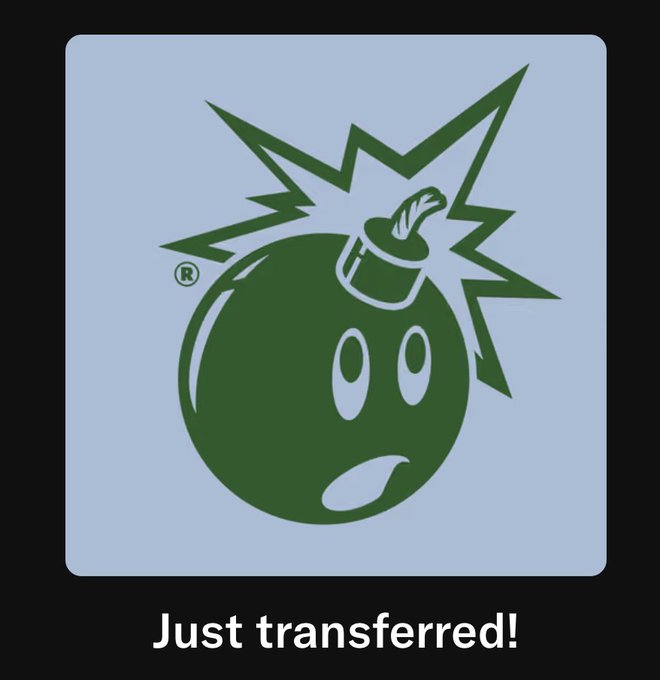 A graphic showing a green cartoon bomb with a surprised face on a light blue background, accompanied by the text 'Just transferred!'