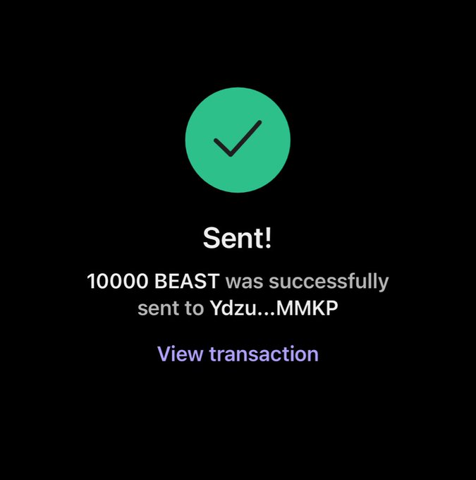 A confirmation screen displays a green checkmark with the text "Sent! 10000 BEAST was successfully sent to Ydzu…MMKP" alongside a "View transaction" link, verifying a completed $BEAST token transfer to the recipient's wallet.