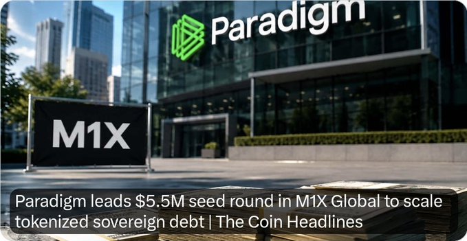Paradigm logo displayed on a modern office building alongside an "M1X" sign, visually representing their lead role in M1X Global's $5.5 million seed funding round for tokenized sovereign debt, bringing the project's total raised capital to $8.5 million.