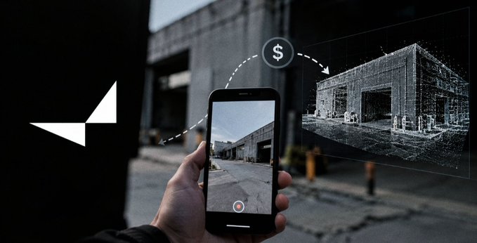 A graphic showing a smartphone scanning an industrial building, with a 3D point cloud model and dollar sign icon representing scanning-to-BIM technology.