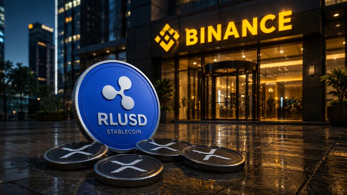 A promotional image showing RLUSD stablecoin tokens in front of a Binance office building at night, with XRP coins scattered around.