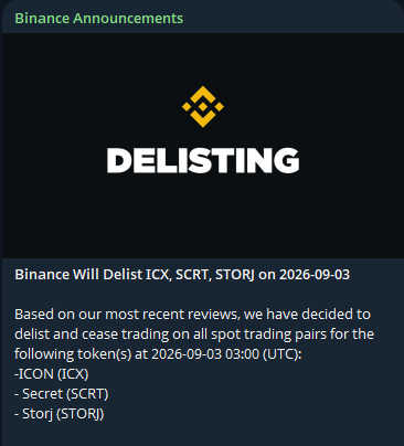 Binance announcement that ICX, SCRT, and STORJ tokens will be delisted, with trading ceasing on 2026-09-03 at 03:00 UTC.