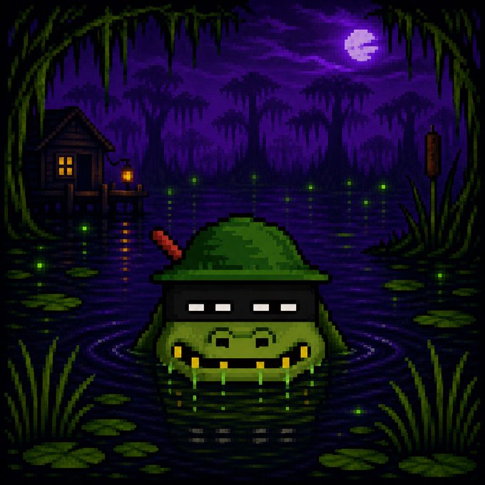 A pixel art image depicting a cartoonish military helmet (resembling a 'doomer' helmet) with a skull face partially submerged in a purple swamp at night, with a cabin and full moon in the background.