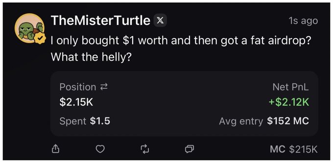 A Discord message from user "TheMisterTurtle" shows surprise at receiving a significant airdrop, with a trading summary displaying $1.5 spent yielding a $2.15K position and +$2.12K net PnL at a $152 MC entry. The screenshot supports the claim of turning a minimal investment into roughly $2,000 in profit on a single trade.