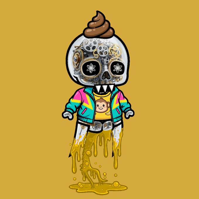A stylized cartoon character with a skull-like head wearing a colorful jacket, with brown and yellow substances dripping from its body.