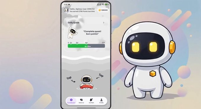 A promotional graphic for a mobile app called 'AlphaE AI' showing a phone screen with a Daily Quest feature and a cute white robot character with glowing yellow eyes.