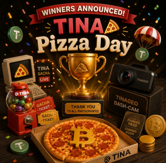 The image features a pizza party with a large golden trophy, a pizza box, and various other items related to the event. The text "TINA Pizza Day" is prominently displayed at the top of the image. The post announces that three winners have been chosen for their participation in the event, and they will be rewarded with 20 US dollars each. Additionally, there are two golden Bitcoins placed on a table among the pizza items.