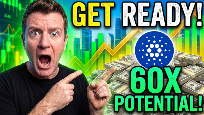 A shocked man points excitedly at the Cardano (ADA) logo amid stacks of cash, with bold "GET READY!" and "60X POTENTIAL!" text overlaid on a green financial chart background, illustrating Charles Hoskinson's bullish 60x price prediction claim.
