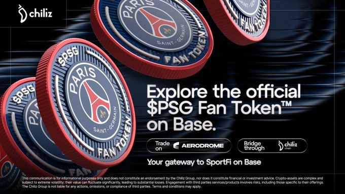 The image features a poster for PSG Fan Tokens, which are being promoted by Aerodrome Fi. The poster includes four PSG fan tokens with different colors - red, blue, green, and white. The text on the poster encourages people to explore the official PSG Fan Tokens on Base, providing information about how to trade them and the benefits of using them.
