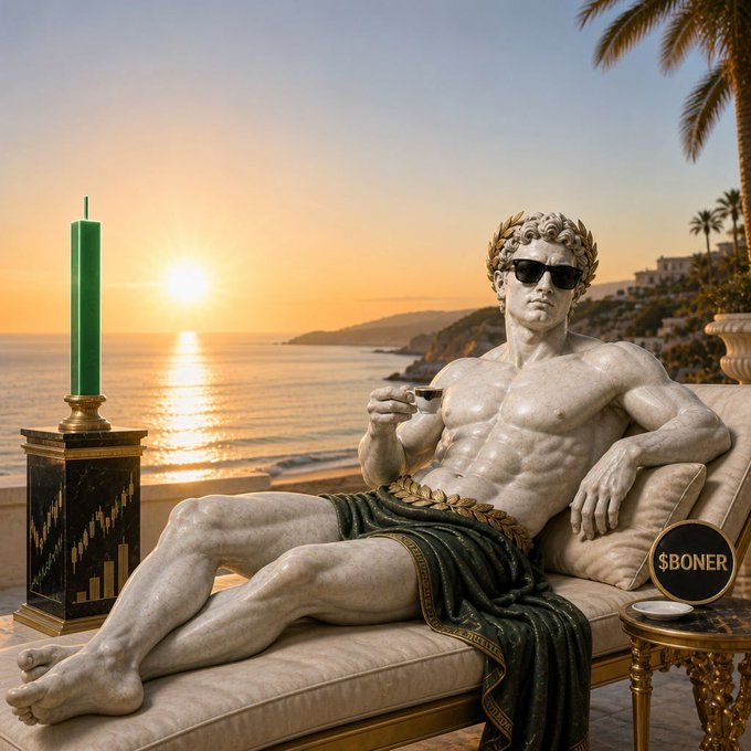 A classical marble statue of a muscular figure wearing sunglasses reclines on a chaise lounge by the sea at sunset, holding a coffee cup, with a sign reading "$BONER" beside him. The image visually captures the post's "Grand Rising" theme by blending the relaxed, meme-worthy "Boner Guy" mascot with a luxurious coastal morning setting, symbolizing a bold and playful start to the trading day for the $BONER community.