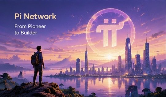 A promotional graphic for "Pi Network" with the text "From Pioneer to Builder" showing a person looking toward a futuristic cityscape with the Pi logo glowing in the sky.