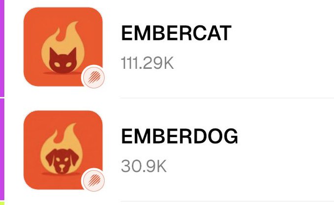 The image shows two app icons labeled "EMBERCAT" with 111.29K downloads and "EMBERDOG" with 30.9K downloads, illustrating that despite the poster's preference for cats, the EmberCat app significantly outperforms its canine counterpart in popularity.