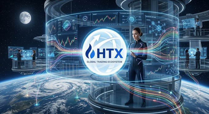 A futuristic space station above Earth displays the HTX Global Trading Ecosystem logo, with a woman in a black outfit holding a tablet amid holographic trading charts.