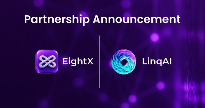 A 'Partnership Announcement' banner displays the EightX logo (purple knot icon) and LinqAI logo (swirling cyan/blue sphere) against a purple network-themed background.
