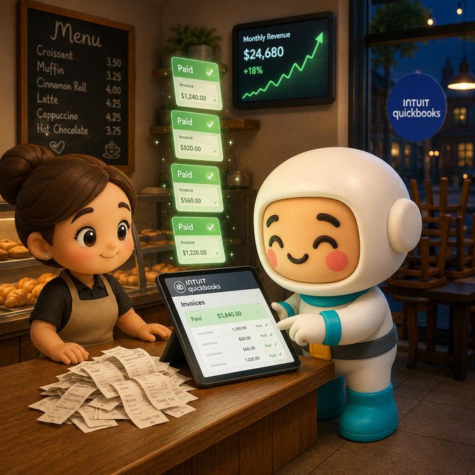 A 3D-rendered scene of a café counter where a cartoon woman and a white-suited mascot character with a smiling face review invoices on a tablet displaying 'Intuit QuickBooks' interface, with a revenue chart showing $24,680 (+18%) in the background.