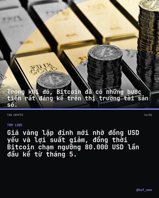 An image showing gold bars and stacks of Bitcoin and gold coins, overlaid with Vietnamese text discussing a record gold price and Bitcoin reaching the $80,000 threshold since May.