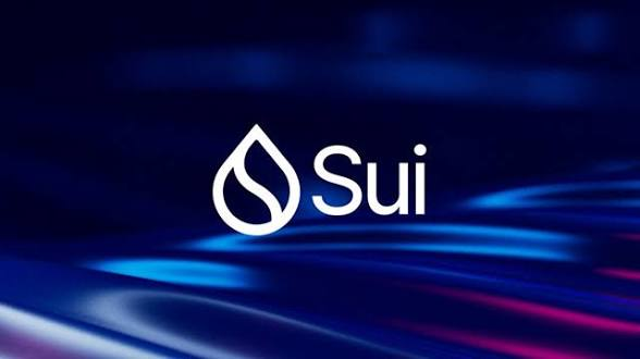 The Sui cryptocurrency logo displayed against a dark blue background with light streaks and bokeh effects.
