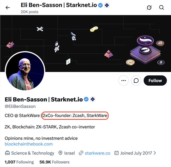 The screenshot shows the X/Twitter profile of Eli Ben-Sasson (@EliBenSasson), CEO of StarkWare and co-founder of Zcash and StarkWare, with 56.9K followers, based in Israel since July 2017. The post highlights his dual role as a renowned ZK-proof expert and co-founder of both Zcash and Starknet, which the author uses to introduce a plan for resolving Starknet's dilemma of balancing innovation against Ethereum's settlement layer.