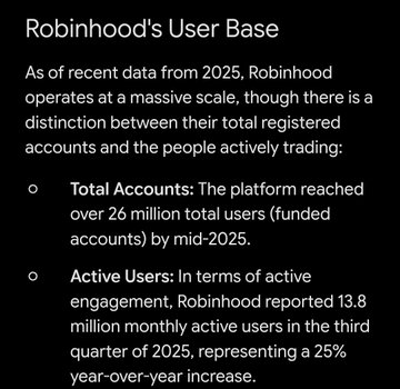 The image highlights Robinhood's massive user growth, showing 26+ million total funded accounts and 13.8 million monthly active users as of 2025 (a 25% YoY increase), which supports the post's argument for keeping trading activity on the platform rather than rotating to other chains—suggesting Robinhood's expanding user base represents significant untapped potential still early in its growth.