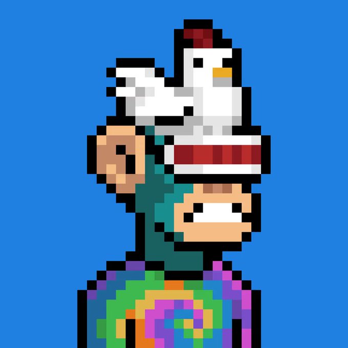 A pixel art character featuring a figure with a chicken/rooster headpiece wearing a red and white striped hat, set against a blue background.