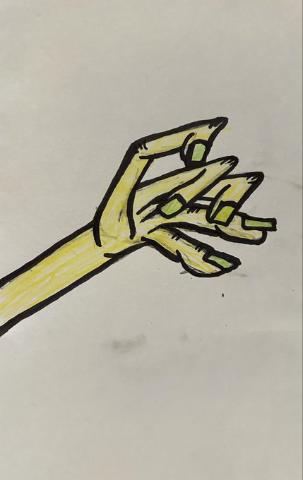 A hand-drawn illustration on white paper depicts an elongated yellow skeletal hand with green-tipped fingers curled in an expressive pose.