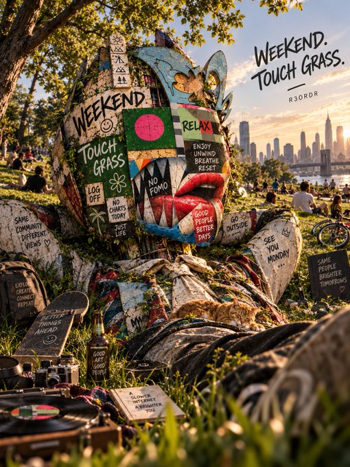 An artistic scene showing a graffiti-covered skull figure with messages like 'WEEKEND TOUCH GRASS' and 'RELAX' set in a park with a city skyline in the background.