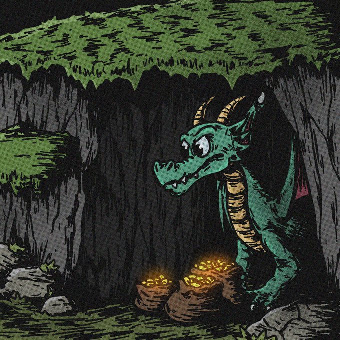 A cartoon illustration of a green dragon with yellow horns guarding two sacks of gold coins inside a cave with moss-covered rocky ledges.