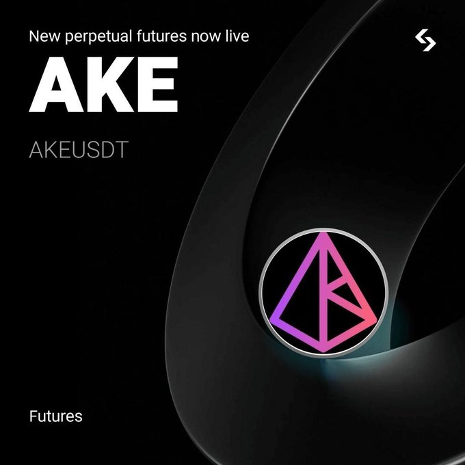 A sleek promotional graphic announces "New perpetual futures now live" for AKE (AKEUSDT), featuring the AKE triangular logo in a pink-purple gradient on a black background, aligning with Bitget's launch of AKEUSDT futures trading with up to 10x leverage.
