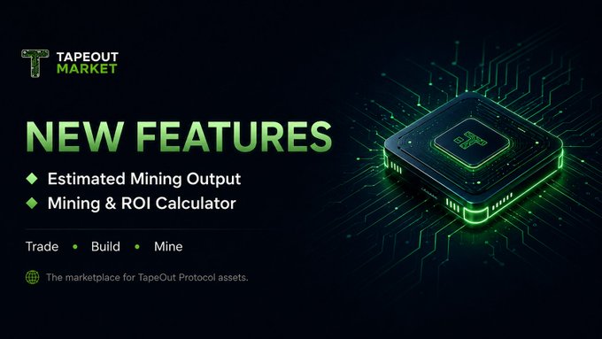 A promotional banner for "TAPEOUT MARKET" announcing new features including an "Estimated Mining Output" and "Mining & ROI Calculator," designed to help users track BNB investments and calculate payback periods for mining machines. The tagline reads "The marketplace for TapeOut Protocol assets" with the brand promise to "Trade • Build • Mine."