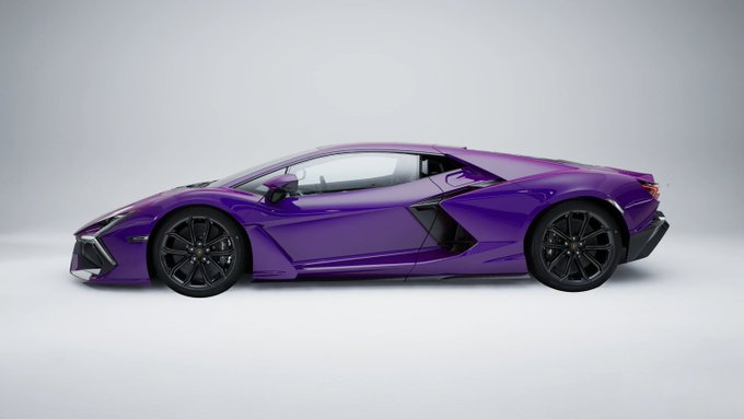 A sleek, purple Lamborghini sports car with black wheels is showcased, embodying the "raw performance" mentioned in the accompanying post about $REVV and the future of digital racing.