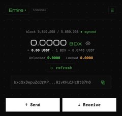 A dark Emire cryptocurrency wallet interface showing 0.0000 BBX, transaction details, and “Send” and “Receive” buttons.