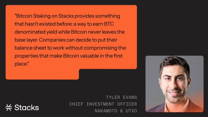 The image features a man smiling for the camera while wearing a suit and tie. The caption of the image reads "BIG news. @UTXOmgmt Nakamoto Inc., the Bitcoin native asset management arm of Nakamoto Inc., is the inaugural participant in Bitcoin Staking on Stacks." This statement suggests that the post might be related to Bitcoin Staking, specifically about Nakamoto Inc. and their involvement in Bitcoin Staking on stacks.