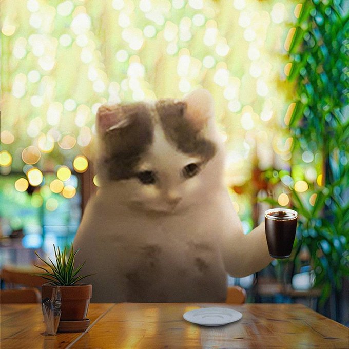 A cute kitten stands on its hind legs at a wooden table, holding a small glass of espresso, with a small potted plant and saucer in the foreground against a bokeh background.