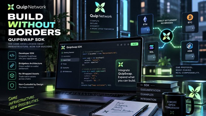 A promotional graphic for QuipNetwork's QuipSwap SDK, displaying the tagline 'BUILD WITHOUT BORDERS,' feature highlights such as 'Bridge Architecture Made Easy' and 'Non-Custodial by Design,' and connecting blockchain icons for ETH, BTC, SOL, and ARB with the message 'ONE PROTOCOL. MANY CHAINS. REAL COMPOSABILITY.'