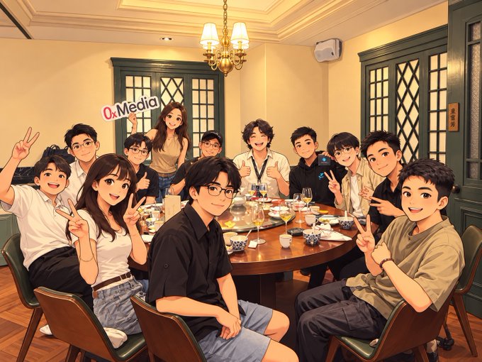 An anime-style illustration of a large group of people posing for a photo around a dining table, with a '0xMedia' sign held in the background.
