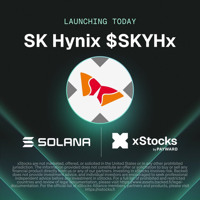 A promotional graphic announces the launch of 'SK Hynix $SKYHx' on Solana and xStocks by Payward, featuring a central logo with a bowtie design.