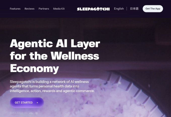 A website hero section for "SLEEPAGOTCHI" with navigation links (Features, Reviews, Partners, Media Kit, English, 日本語) and a "Get The App" button. The headline reads "Agentic AI Layer for the Wellness Economy," with subtext explaining that Sleepagotchi builds a network of AI wellness agents that turns personal health data into intelligence, action, rewards, and agentic commerce, alongside a purple "GET STARTED" button.