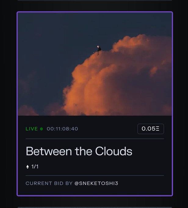 A digital art/NFT listing titled 'Between the Clouds' showing a silhouetted figure on a cloud at sunset, marked 'LIVE' with a current bid of 0.05 by @sneketosh13.
