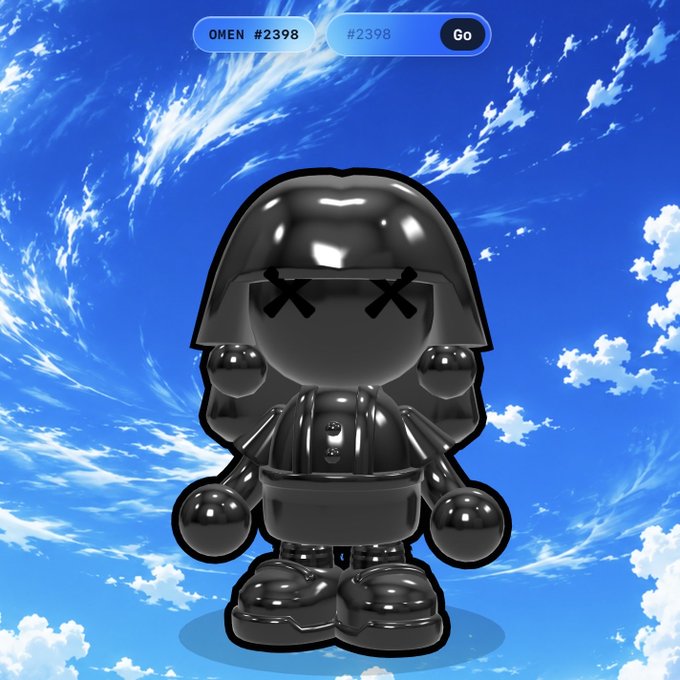 A glossy black 3D character with X eyes stands against a blue cloudy sky background, with an interface at the top showing 'OMEN #2398'.