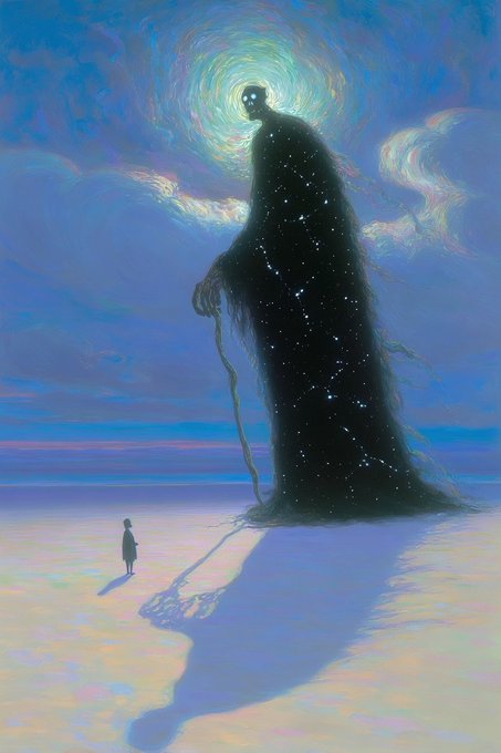 A towering shadowy figure filled with stars looms over a small silhouetted child on a vast, dreamlike plain beneath a swirling blue sky. The cosmic guardian embodies the "Keeper of the Sky," a Tezos NFT hosted on objkt.com.
