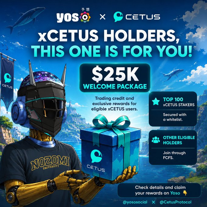 A promotional graphic announces a "$25K WELCOME PACKAGE" from Yoso × CETUS for xCETUS holders, featuring a robotic figure in a "NOZOMI UNIVERSITY" shirt holding a Cetus-branded gift box against an ocean backdrop, with details highlighting "TOP 100 xCETUS STAKERS" receiving whitelisted spots and other eligible holders joining via FCFS.