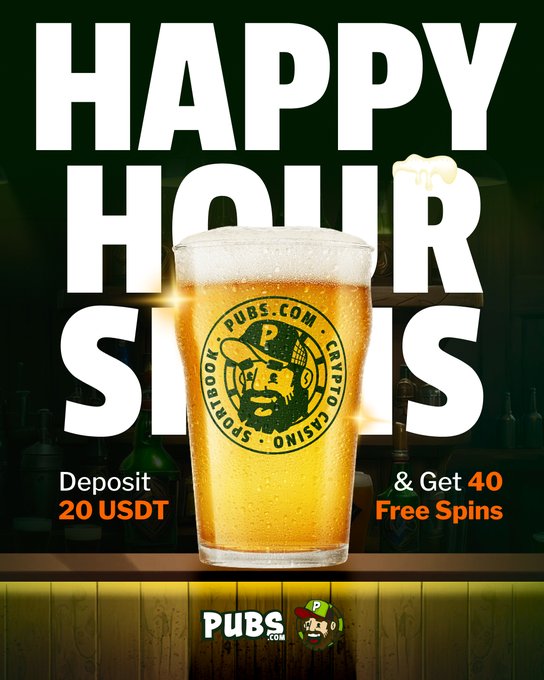 Promotional graphic for PUBS.com Casino reading 'HAPPY HOURS' with a frothy beer glass in the foreground, advertising 'Deposit 20 USDT & Get 40 Free Spins'.
