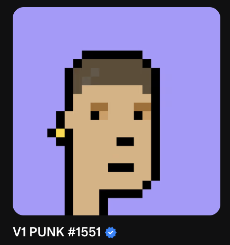 A CryptoPunk-style pixel art NFT showing a character's head, labeled 'V1 PUNK #1551' with a verified blue checkmark.